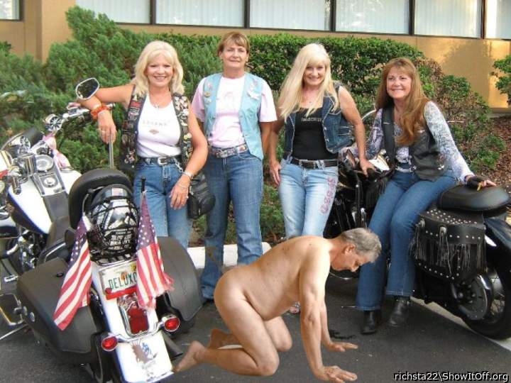 Biker babes made me strip in the hotel parking lot.