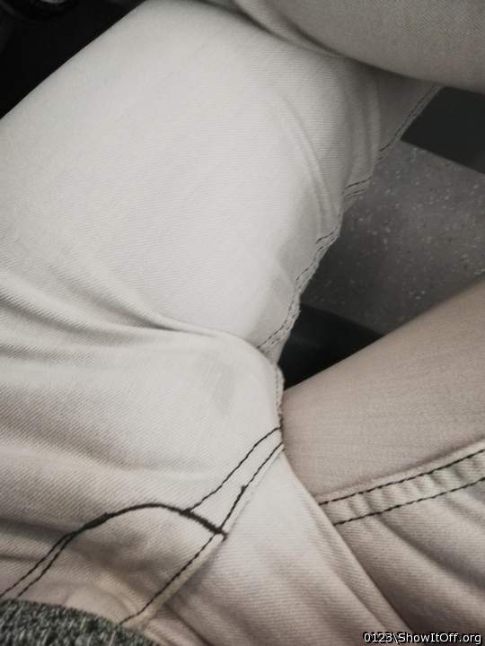 My bulge with a precum on the bus