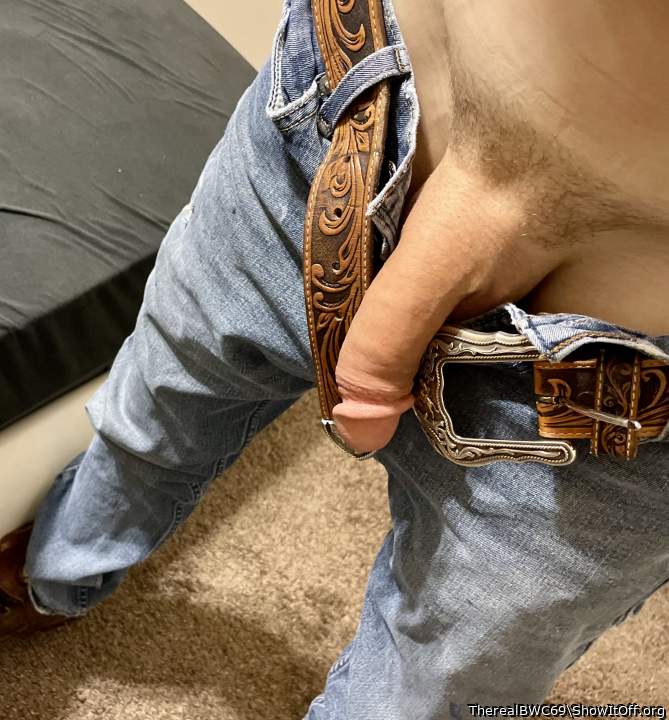 Big floppy dick hanging out of denim pants   